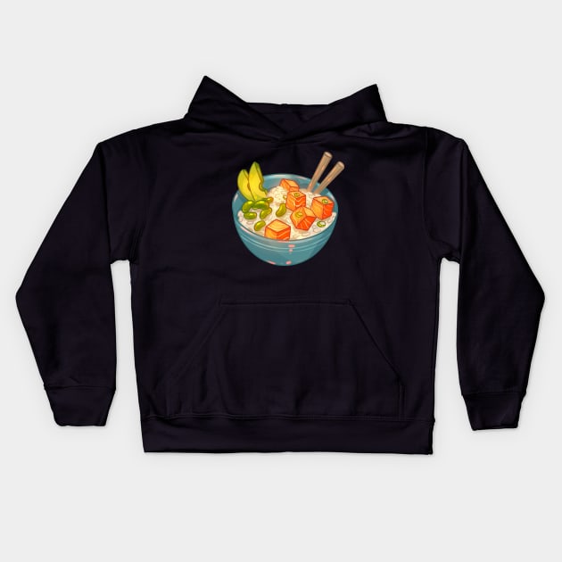 Salmon Poke Bowl Kids Hoodie by Claire Lin